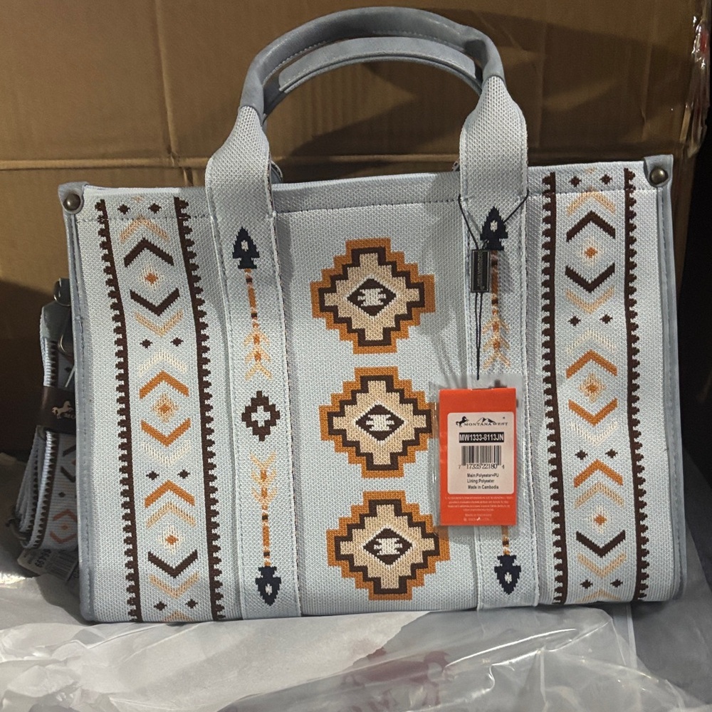 Montana West Light Blue Tote with Brown & Gold Geometric Accents